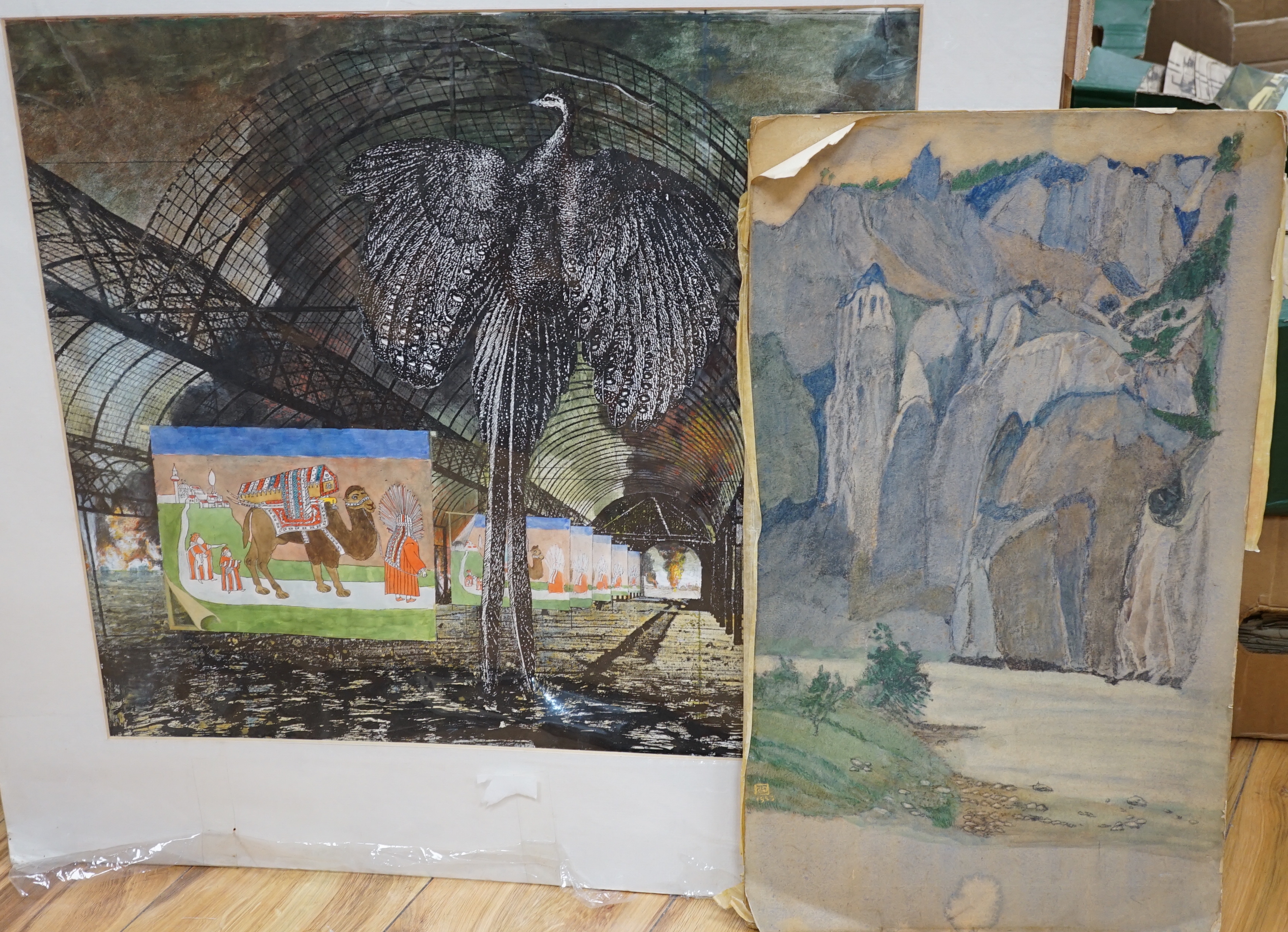 Early 20th Century English School, pencil and watercolour, A river gorge, monogrammed and dated 1923, 52 x 30cm, and Gerald Leet (Illustrator, 1913-1998), mixed media, 'Phoenix', 49 x 52cm, both unframed